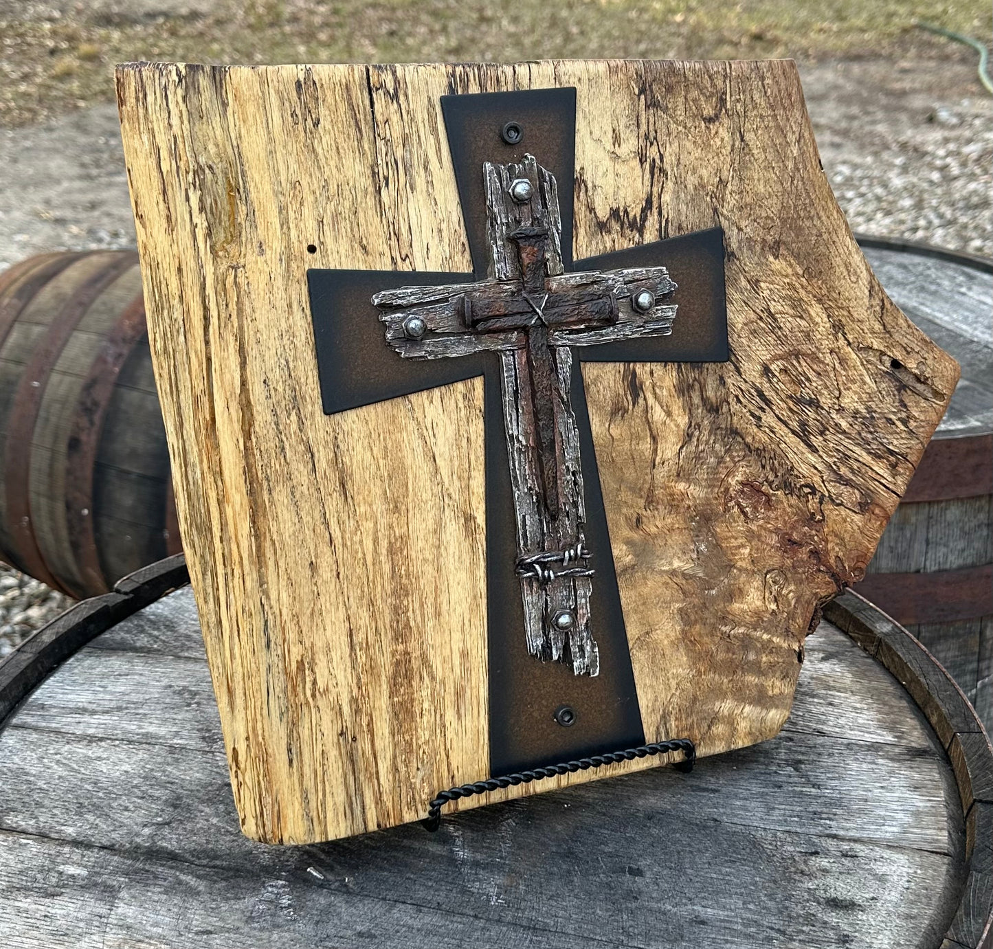 Spaulted Cypress Metal Cross Plaque