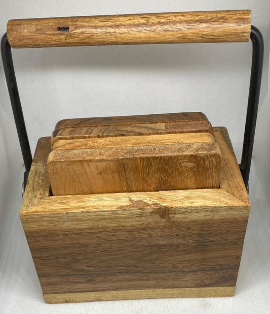 Acacia Wood Coaster Set (4) With Metal Handle Case