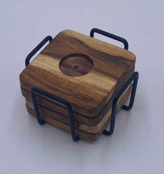 Acacia Wood Coaster Set (4) With Open Metal Case