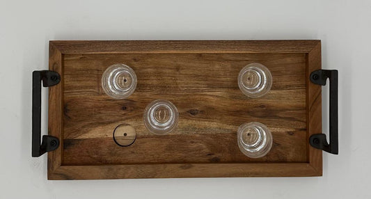 Acacia Wood Shot Board With Metal Handles - Shot Glasses Embedded