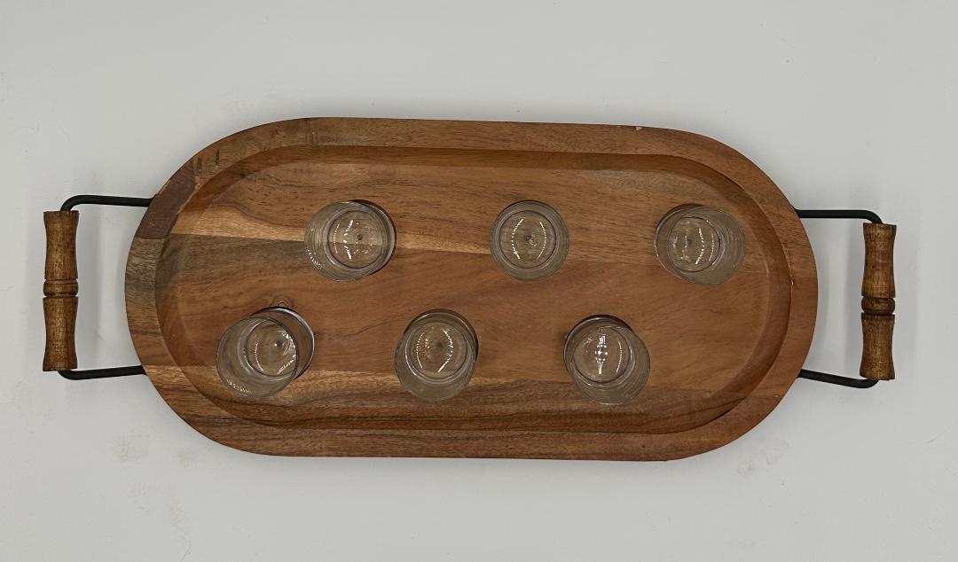 Acacia Wood Oval Shot Board With Embedded Shot Glasses