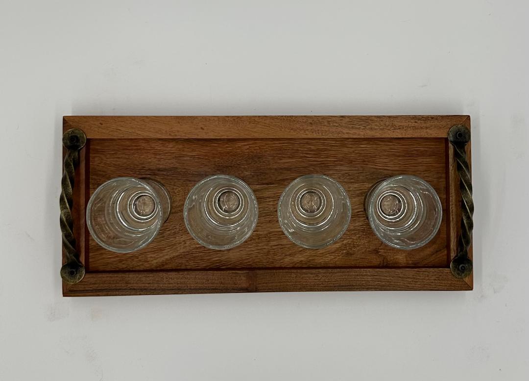 Acacia Wood Square Shot Board WIth Embedded Shot Glasses