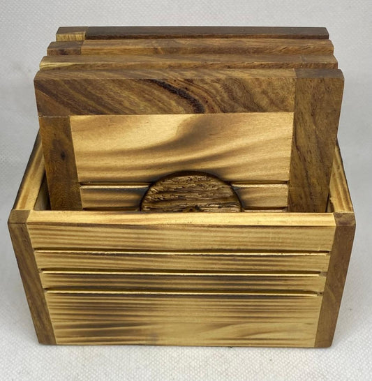 Burnt Pine Wood Coaster Set (4) WIth Case