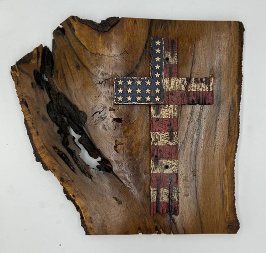 NC Cherry Wood American Flag Cross Plaque